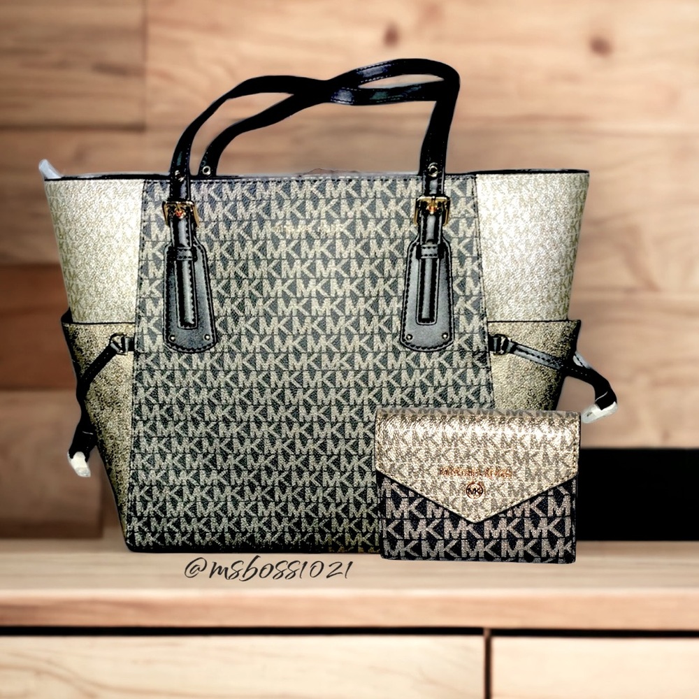 Michael Kors RARE Voyager East West Signature Tote+Wallet+Wristlet in Black/Gold - Picture 3 of 14
